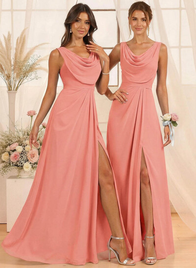 A-Line Cowl Neck Floor-Length Chiffon Bridesmaid Dresses With Split Front