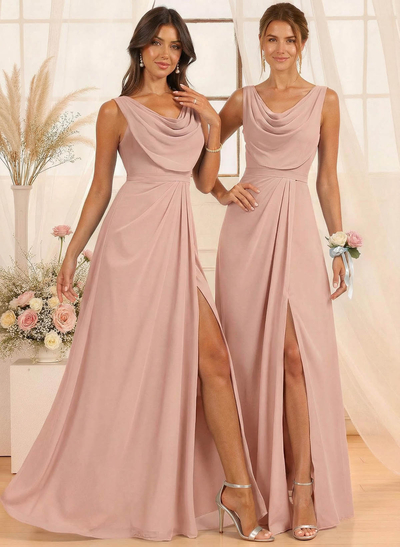 A-Line Cowl Neck Floor-Length Chiffon Bridesmaid Dresses With Split Front