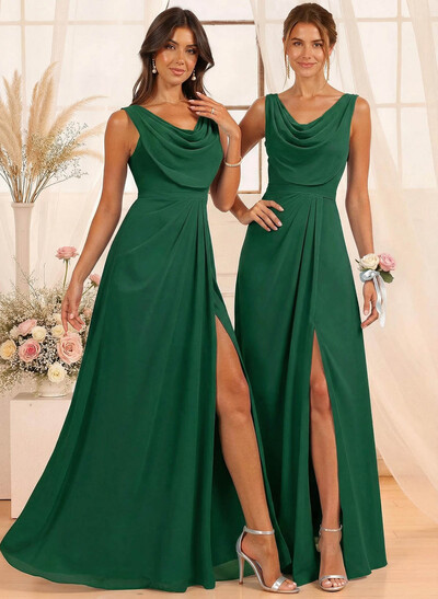 A-Line Cowl Neck Floor-Length Chiffon Bridesmaid Dresses With Split Front