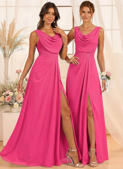 A-Line Cowl Neck Floor-Length Chiffon Bridesmaid Dresses With Split Front