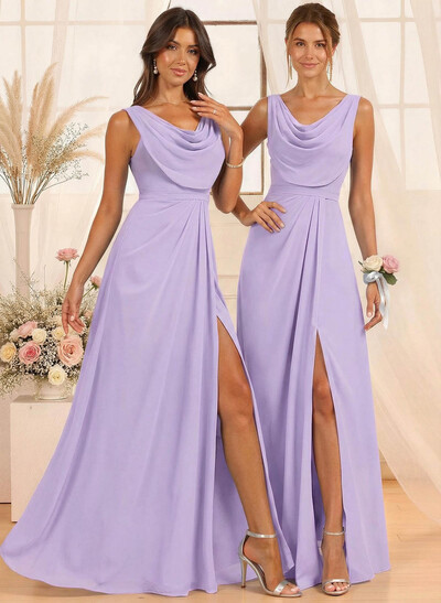 A-Line Cowl Neck Floor-Length Chiffon Bridesmaid Dresses With Split Front