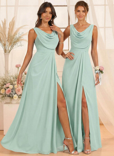 A-Line Cowl Neck Floor-Length Chiffon Bridesmaid Dresses With Split Front