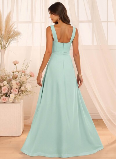 A-Line Cowl Neck Floor-Length Chiffon Bridesmaid Dresses With Split Front