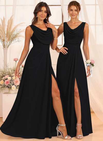 A-Line Cowl Neck Floor-Length Chiffon Bridesmaid Dresses With Split Front