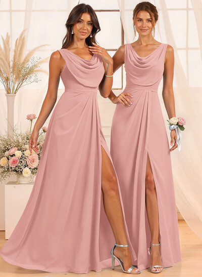 A-Line Cowl Neck Floor-Length Chiffon Bridesmaid Dresses With Split Front