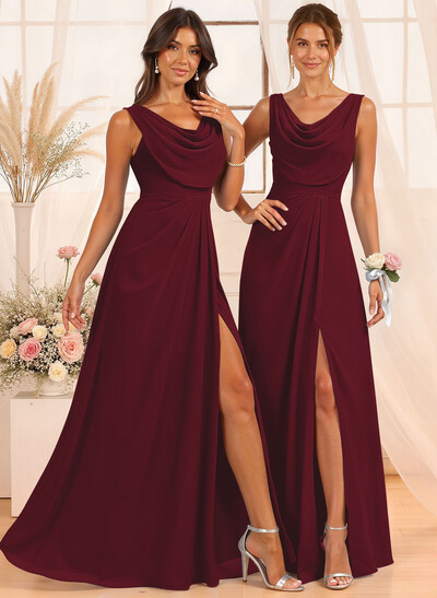 A-Line Cowl Neck Floor-Length Chiffon Bridesmaid Dresses With Split Front