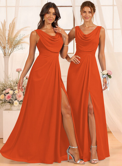 A-Line Cowl Neck Floor-Length Chiffon Bridesmaid Dresses With Split Front