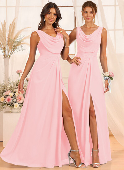 A-Line Cowl Neck Floor-Length Chiffon Bridesmaid Dresses With Split Front