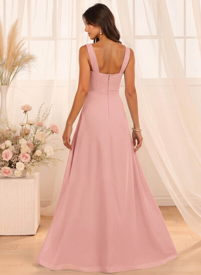 A-Line Cowl Neck Floor-Length Chiffon Bridesmaid Dresses With Split Front