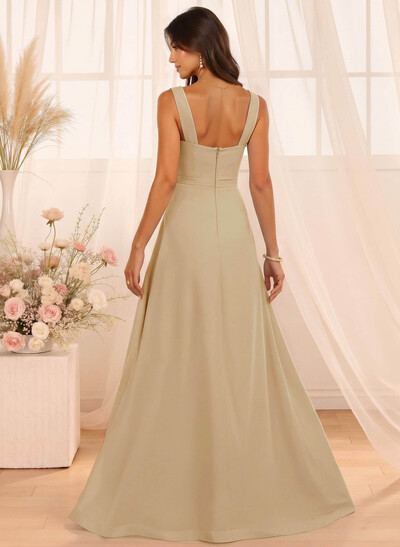 A-Line Cowl Neck Floor-Length Chiffon Bridesmaid Dresses With Split Front
