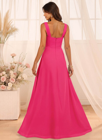 A-Line Cowl Neck Floor-Length Chiffon Bridesmaid Dresses With Split Front