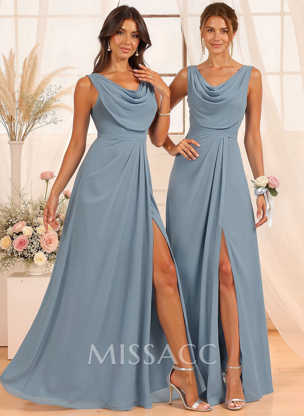 A-Line Cowl Neck Floor-Length Chiffon Bridesmaid Dresses With Split Front A-Line Cowl Neck Floor-Length Chiffon Bridesmaid Dresses With Split Front