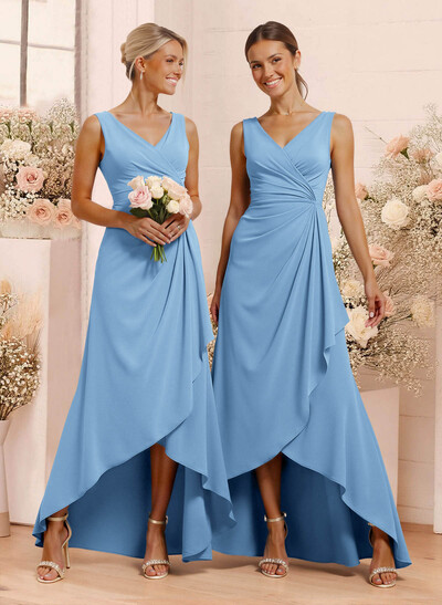 A-Line V-Neck Floor-Length Chiffon Bridesmaid Dresses With Split Front