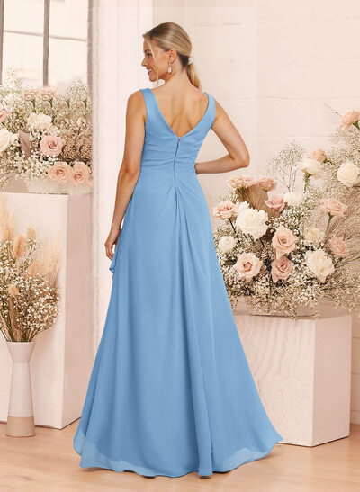A-Line V-Neck Floor-Length Chiffon Bridesmaid Dresses With Split Front