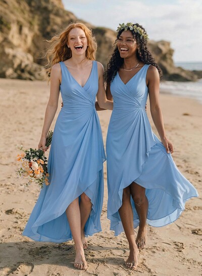 A-Line V-Neck Floor-Length Chiffon Bridesmaid Dresses With Split Front