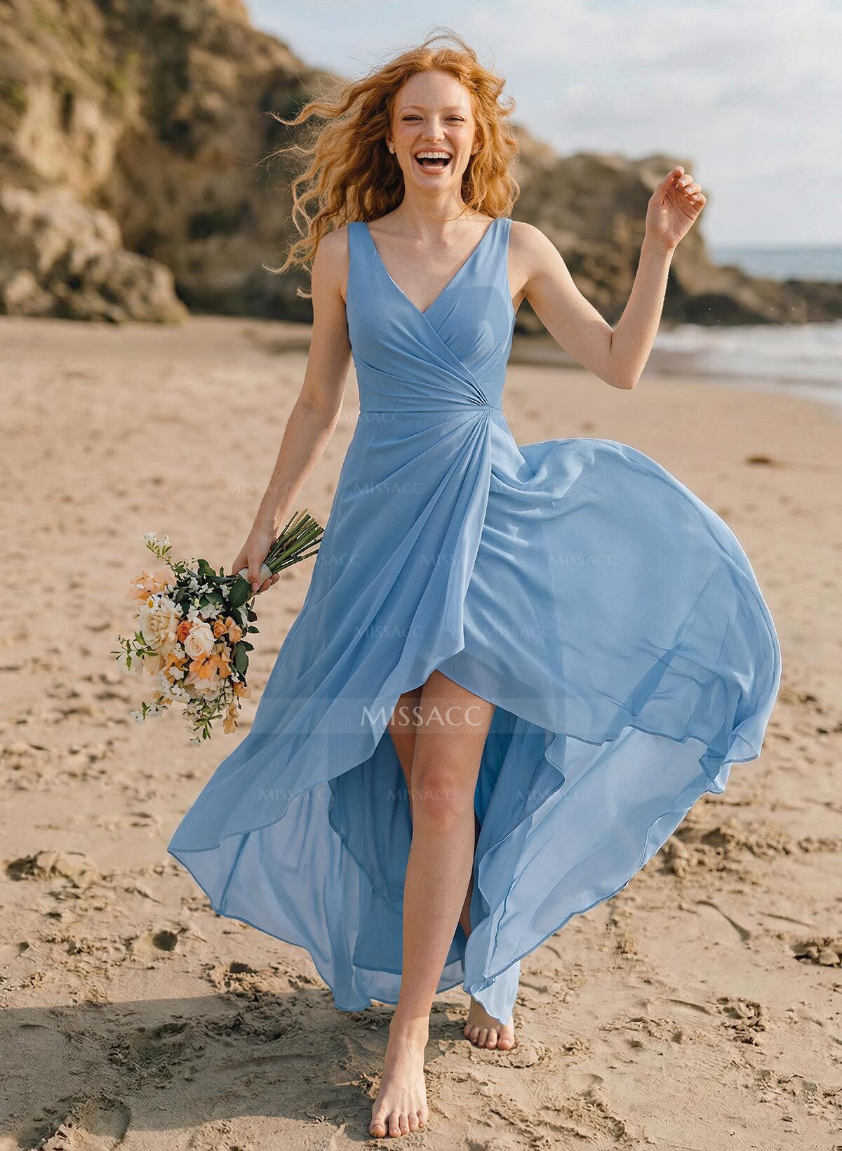 A-Line V-Neck Floor-Length Chiffon Bridesmaid Dresses With Split Front