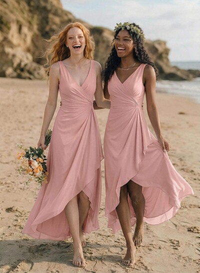 A-Line V-Neck Floor-Length Chiffon Bridesmaid Dresses With Split Front