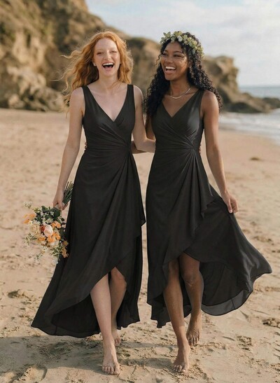 A-Line V-Neck Floor-Length Chiffon Bridesmaid Dresses With Split Front