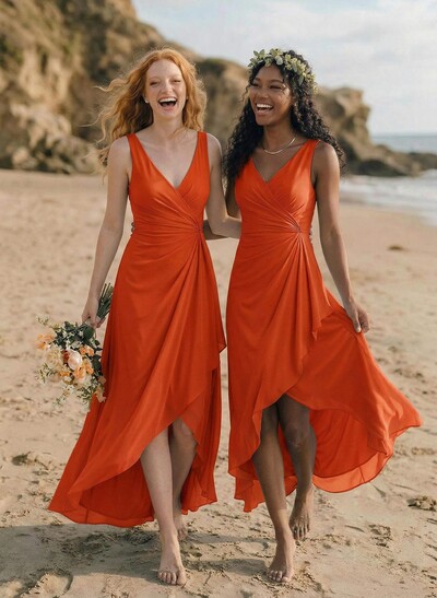 A-Line V-Neck Floor-Length Chiffon Bridesmaid Dresses With Split Front