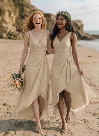A-Line V-Neck Floor-Length Chiffon Bridesmaid Dresses With Split Front