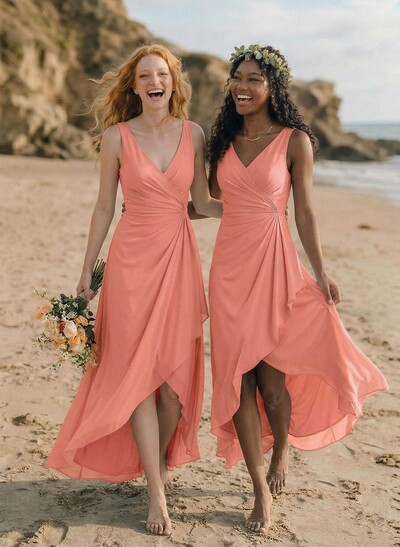 A-Line V-Neck Floor-Length Chiffon Bridesmaid Dresses With Split Front