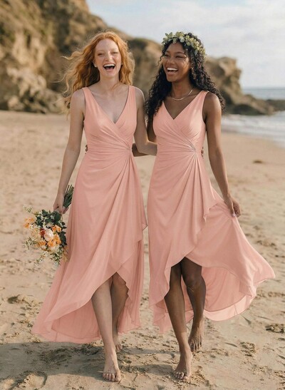 A-Line V-Neck Floor-Length Chiffon Bridesmaid Dresses With Split Front