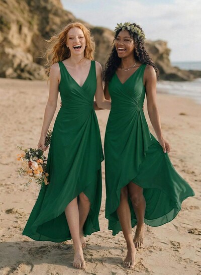 A-Line V-Neck Floor-Length Chiffon Bridesmaid Dresses With Split Front