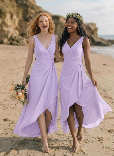 A-Line V-Neck Floor-Length Chiffon Bridesmaid Dresses With Split Front