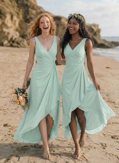 A-Line V-Neck Floor-Length Chiffon Bridesmaid Dresses With Split Front