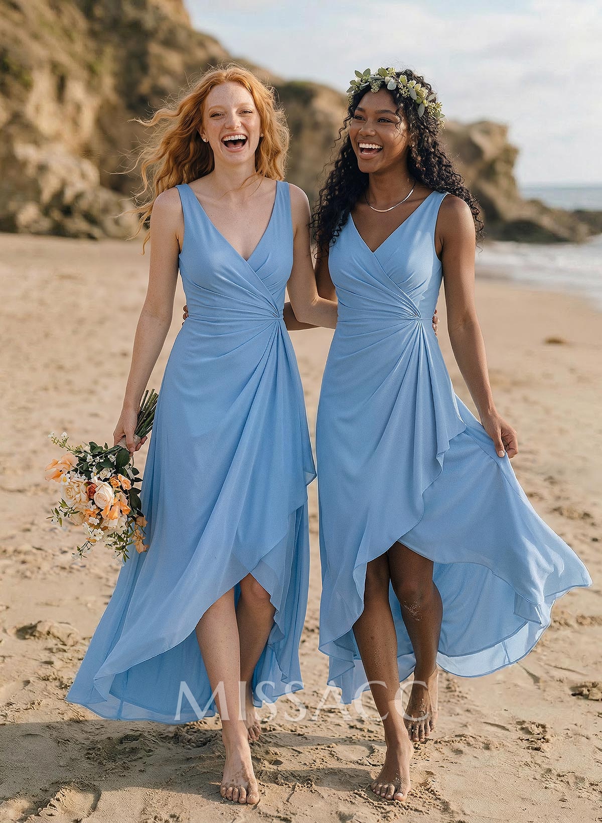 A-Line V-Neck Floor-Length Chiffon Bridesmaid Dresses With Split Front