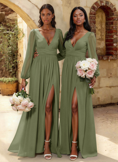 A-Line Plunge Neck Long Sleeves Floor-Length Chiffon Bridesmaid Dresses With Split Front