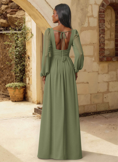 A-Line Plunge Neck Long Sleeves Floor-Length Chiffon Bridesmaid Dresses With Split Front