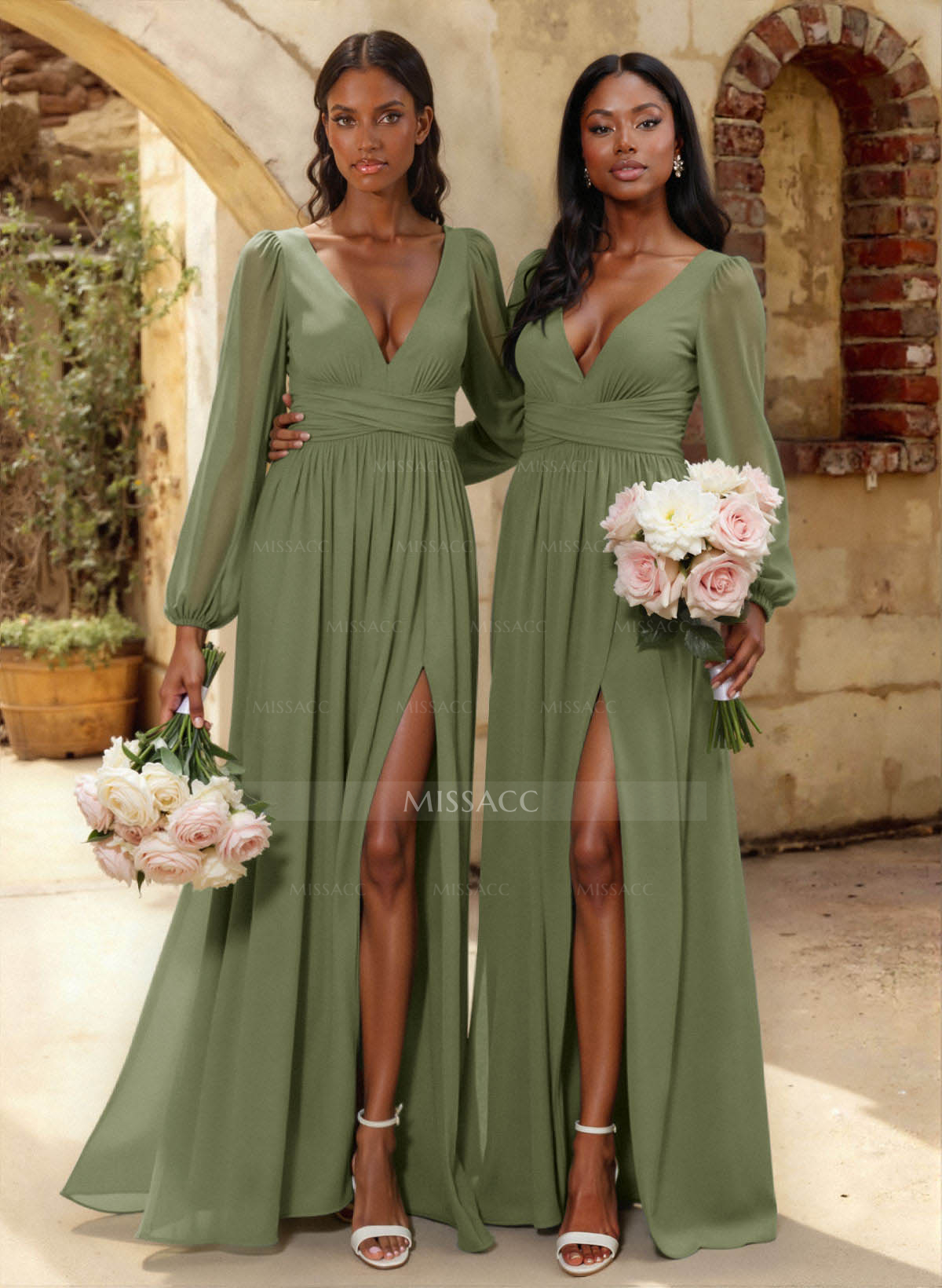 A-Line Plunge Neck Long Sleeves Floor-Length Chiffon Bridesmaid Dresses With Split Front