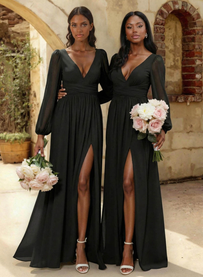 A-Line Plunge Neck Long Sleeves Floor-Length Chiffon Bridesmaid Dresses With Split Front