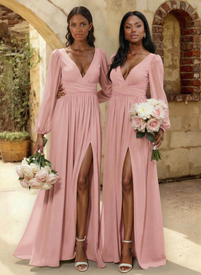 A-Line Plunge Neck Long Sleeves Floor-Length Chiffon Bridesmaid Dresses With Split Front