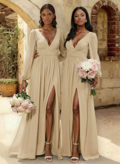 A-Line Plunge Neck Long Sleeves Floor-Length Chiffon Bridesmaid Dresses With Split Front
