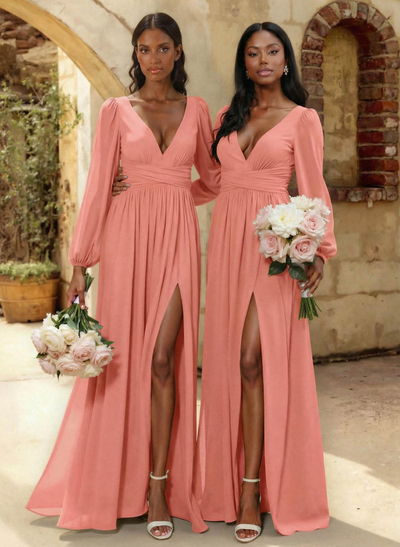 A-Line Plunge Neck Long Sleeves Floor-Length Chiffon Bridesmaid Dresses With Split Front