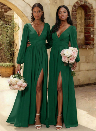 A-Line Plunge Neck Long Sleeves Floor-Length Chiffon Bridesmaid Dresses With Split Front