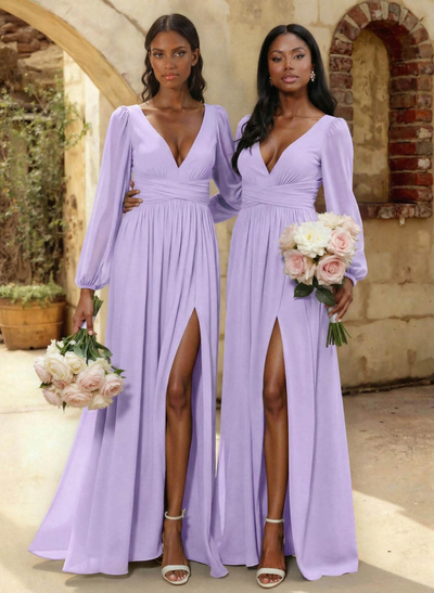 A-Line Plunge Neck Long Sleeves Floor-Length Chiffon Bridesmaid Dresses With Split Front
