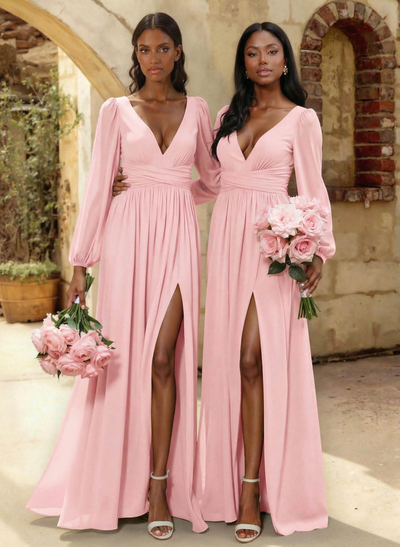 A-Line Plunge Neck Long Sleeves Floor-Length Chiffon Bridesmaid Dresses With Split Front
