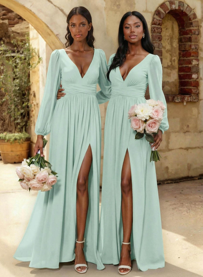 A-Line Plunge Neck Long Sleeves Floor-Length Chiffon Bridesmaid Dresses With Split Front