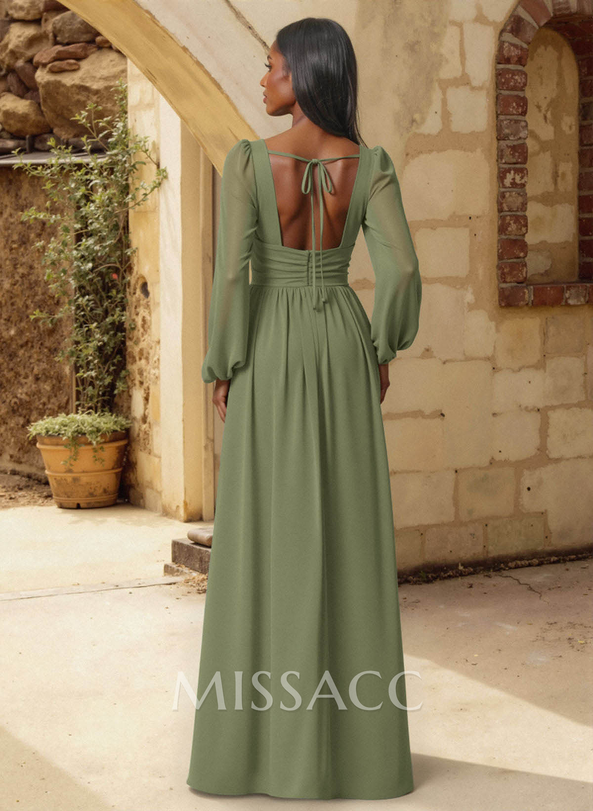 A-Line Plunge Neck Long Sleeves Floor-Length Chiffon Bridesmaid Dresses With Split Front A-Line Plunge Neck Long Sleeves Floor-Length Chiffon Bridesmaid Dresses With Split Front