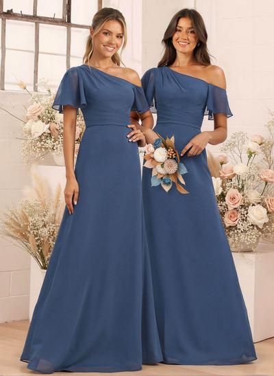 A-Line One-Shoulder Short Sleeves Floor-Length Chiffon Bridesmaid Dresses