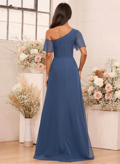 A-Line One-Shoulder Short Sleeves Floor-Length Chiffon Bridesmaid Dresses