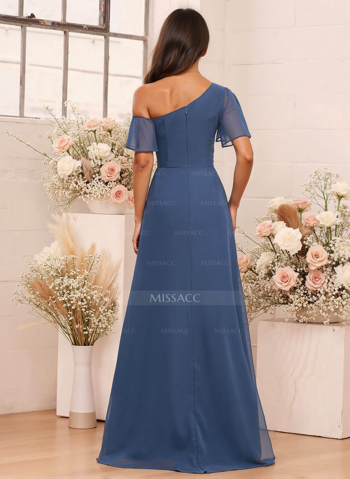 A-Line One-Shoulder Short Sleeves Floor-Length Chiffon Bridesmaid Dresses