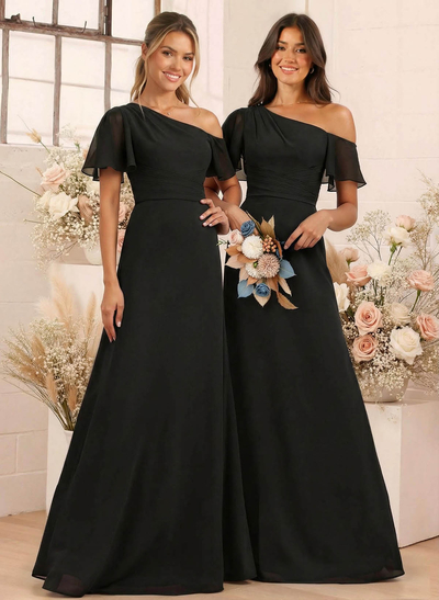 A-Line One-Shoulder Short Sleeves Floor-Length Chiffon Bridesmaid Dresses