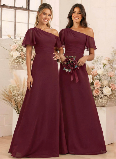 A-Line One-Shoulder Short Sleeves Floor-Length Chiffon Bridesmaid Dresses