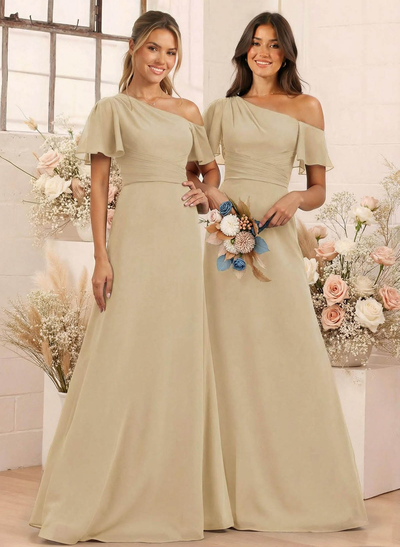 A-Line One-Shoulder Short Sleeves Floor-Length Chiffon Bridesmaid Dresses
