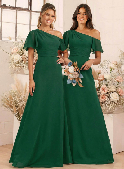 A-Line One-Shoulder Short Sleeves Floor-Length Chiffon Bridesmaid Dresses