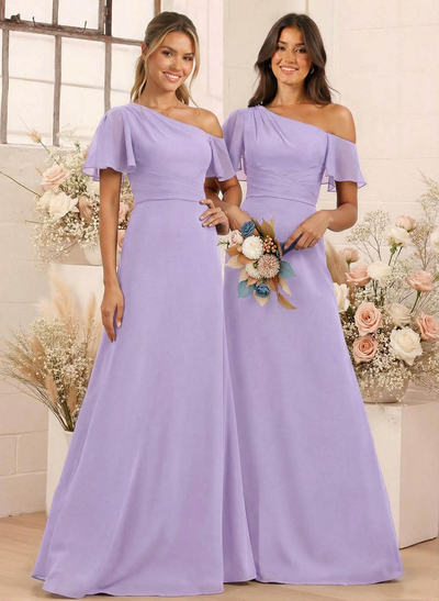 A-Line One-Shoulder Short Sleeves Floor-Length Chiffon Bridesmaid Dresses